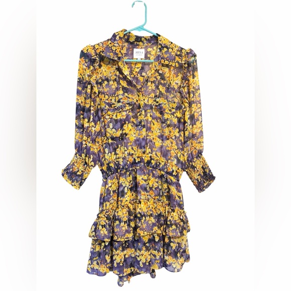 MISA Los Angeles Riona Dress Purple Yellow Floral Ruffle Mini Dress Size S - Picture 3 of 6